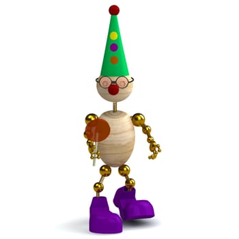 3d wood man as a clown isolated on white