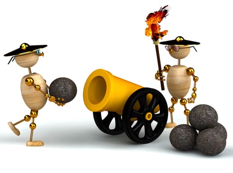 3d wood mans with a gold cannon isolated