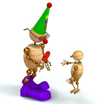 3d wood man as a clown with kid