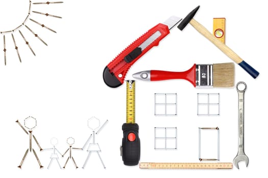 Happy family in front of the new home. A Tool Collage