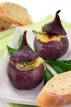 Onion stuffed with goat cheese and bacon