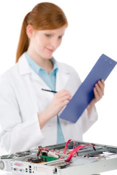 Female support computer engineer - IT woman repair defect