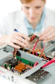 Female support computer engineer - IT woman repair defect