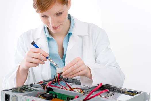 Female support computer engineer - IT woman repair defect
