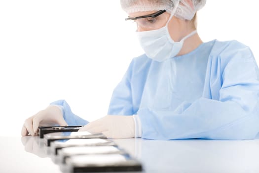 Female computer engineer repair hard disc defect, experiment in sterile laboratory