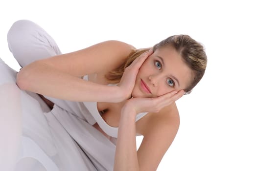 Fitness - young sportive woman on white wearing fitness clothes