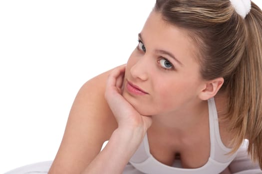 Fitness - young sportive woman on white wearing fitness clothes