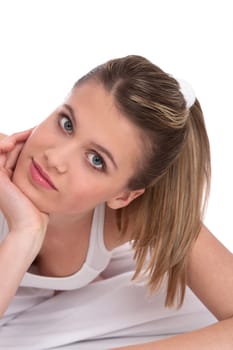 Fitness - young sportive woman on white wearing fitness clothes