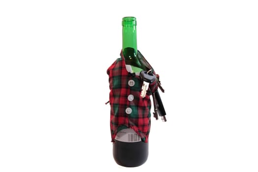 bottle dressed in jacket warmer with keys and alcohol on white background depicting drunk driving and addictions can kill