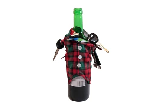 bottle dressed in jacket warmer with keys and alcohol on white background depicting drunk driving and addictions can kill