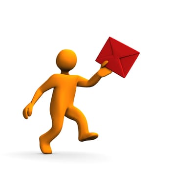 3d toon,postman,with red envelope isolated on white.
