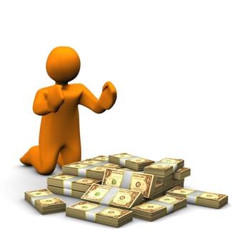 Orange cartoon with a lot of money isolated on white.
