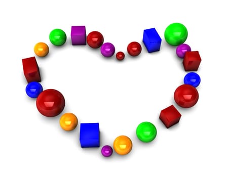 Abstract heart symbol with cube and balls,isolated on white.