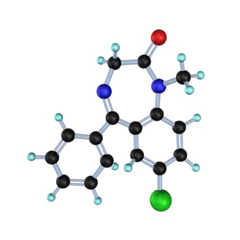 3d illustration of diazepam molecule isolated on white.