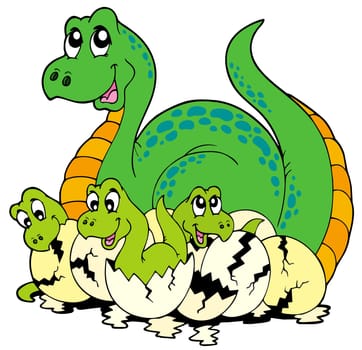 Dinosaur mom with cute babies - isolated illustration.