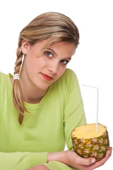 Woman holding pineapple on white background