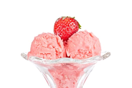 Delicious strawberry ice cream in glass bowl isolated on white background. Shallow depth of field