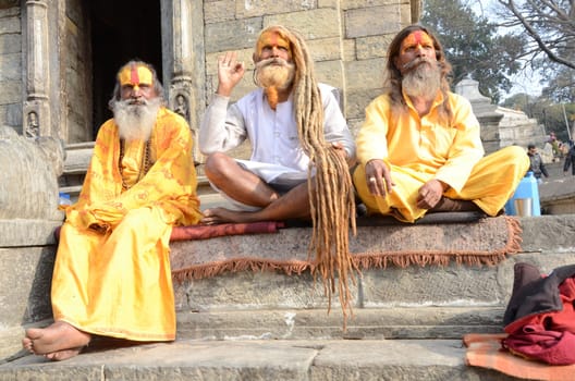 Kathmandu, Nepal 2011, sadhu -holy men- sitting on the floor