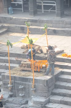Kathmandu, Nepal, cremation of a human body at a temple