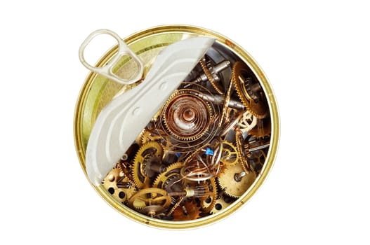 Detail (close-up) of the parts of clockwork mechanism in the can - canned time
