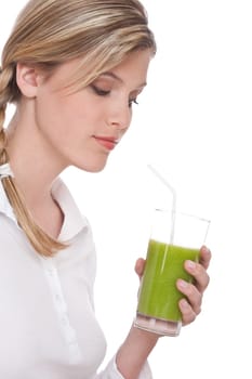Healthy lifestyle series - Woman holding kiwi juice on white background