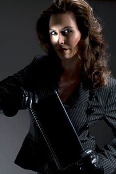 Woman in pinstripe suit