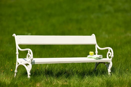 Spring and summer - White romantic bench in meadow on sunny day