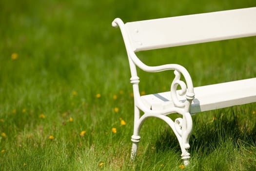 Spring and summer - White romantic bench in meadow on sunny day
