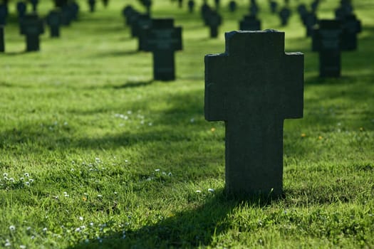 Crosses in grass on cemetery during sunset