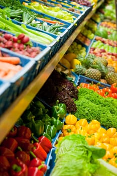 Fruits and vegetables in a grocery store