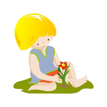 Cute boy planting a flower, clip art