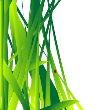 Background with fresh grass leaves and a little ladybug
