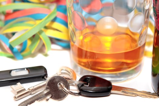 glass of whiskey and car keys on white background depicting drunk driving and addictions can kill