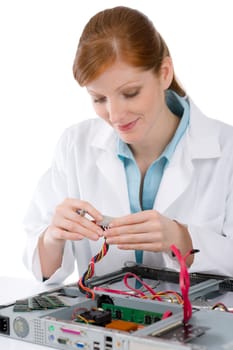 Female support computer engineer - IT woman repair defect