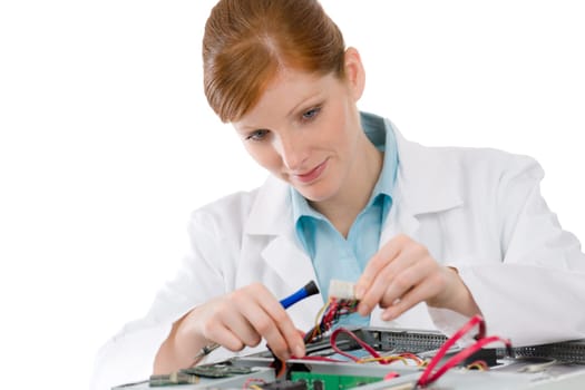 Female support computer engineer - IT woman repair defect