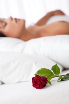 Woman lying in white bed, focus on rose, shallow DOF