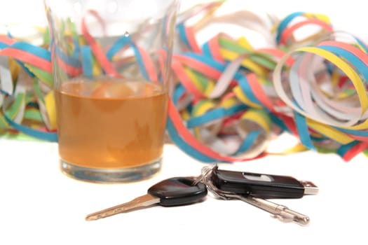 whiskey glass with car keys on white background depicting drunk driving and addictions can kill