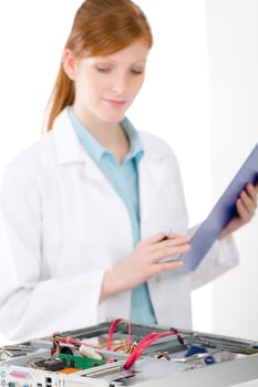 Female support computer engineer - IT woman repair defect
