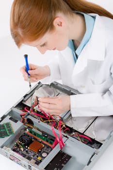 Female support computer engineer - IT woman repair defect