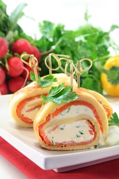 filled pancake with smoked salmon and herb cream cheese