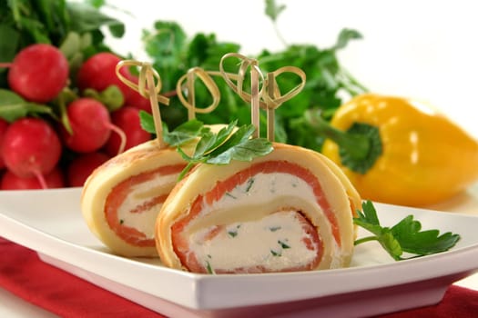 filled pancake with smoked salmon and herb cream cheese