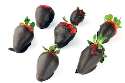 Seven chocolate candy coated strawberries on white.