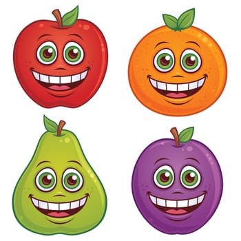 Vector cartoon illustration of fruit with smiling faces. Apple, orange, pear and plum characters included.
