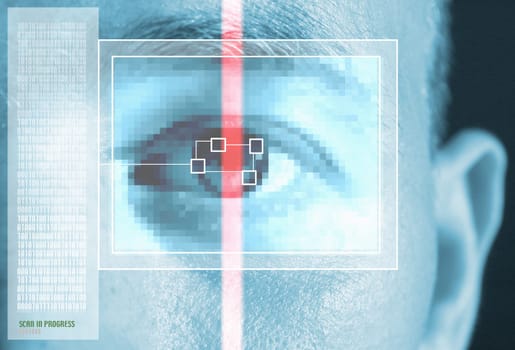 iris scan for security or identification. Eye with scanner and computer interface