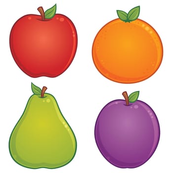 Vector cartoon illustration of various fruit. Apple, orange, pear and plum drawings included.