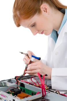 Female support computer engineer - IT woman repair defect
