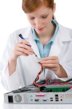 Female support computer engineer - IT woman repair defect