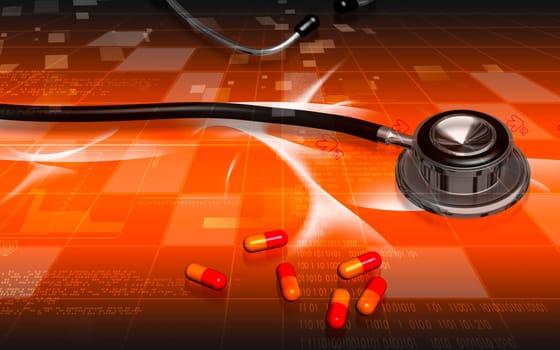 Digital illustration of stethoscope and capsule in colour background