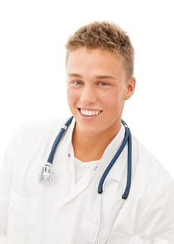 Smiling young handsome blond doctor isolated on white