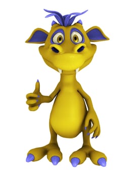 A cute friendly cartoon monster doing a thumbs up. The monster is yellow with purple hair. Isolated on white background.